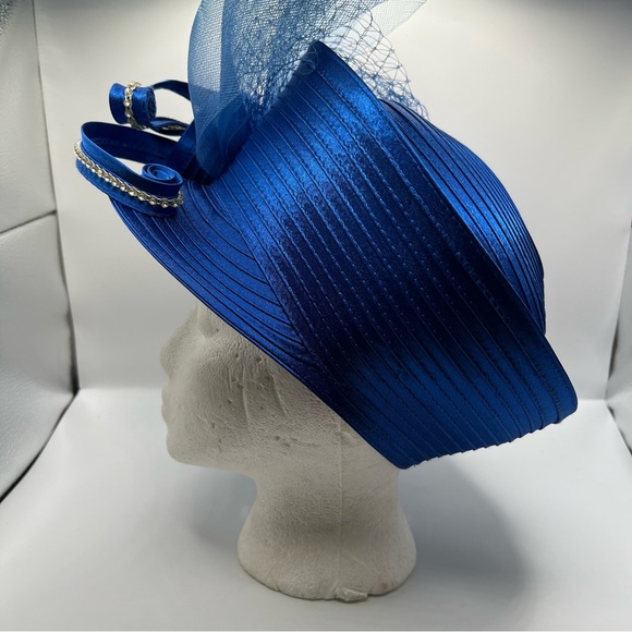 Susanna Elegant Blue Church, Derby Hat with Meshing and Rhinestone Accents main image 4